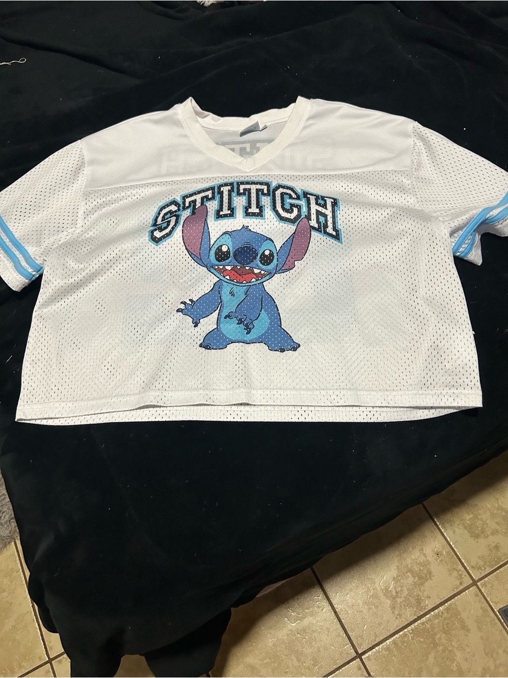 Disney White Mesh Tee with Blue Stitch Graphic